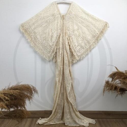Beige Boho Maxi Long Bell Sleeves Maternity Cothing Pregnant Gown Lace Robe Couture Woman Photography Costume Baby Shower Dress
