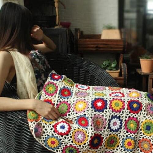 Boho Handmade Crochet Sofa Throw Blanket Colorful Flower Sweater Style Mat Decor
