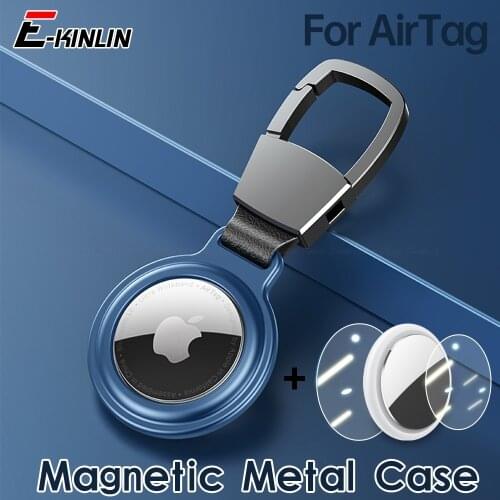 For Apple Airtag Metal Magnetic Case Locator Tracker Anti-lost Keychain Full Protector Cover With Hydrogel Protective Film