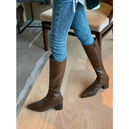 EshtonShero Women Shoes Knee High Boots Leather Platform Zipper Square High Heel Pointed Toe Winter Ladies Riding Boots Size 3-9