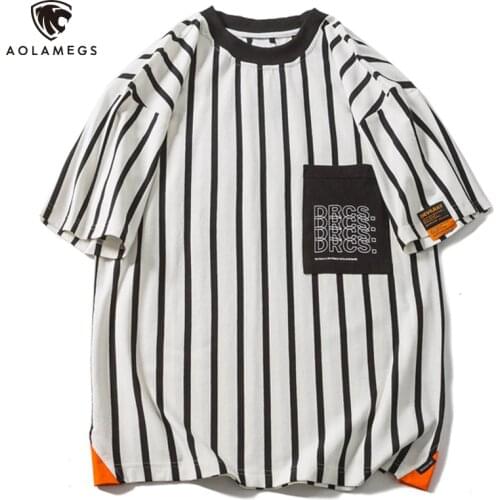 Aolamegs Casual T Shirts Mens Simple Striped O-Neck Tops Harajuku College Style Streetwear Tees Summer Loose Fashion Clothing