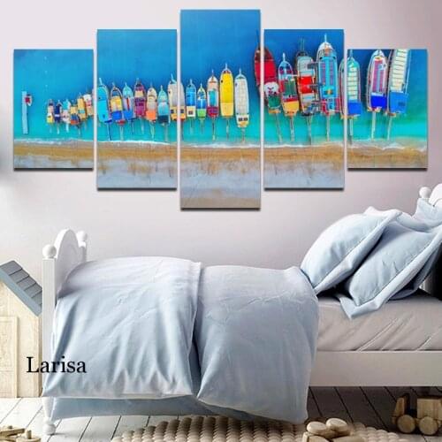Blue Sea and Sea Boat Frameless Landscape Canvas Painting Hd Printing Five Piece Poster Wall Art Pictures for Home Decoration
