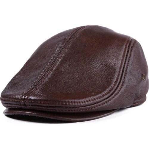 QPALCR Classic Beret Caps Men Warm Genuine Leather Caps Ivy Windproof Duckbill Hat Burgundy Winter Luxury Brand Flat Hats