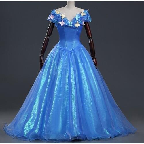 Movie Cinderella Cosplay Costume Adult Women Blue Princess Dress With Butterfly Decoration Fancy Halloween Ball Gown Dresses
