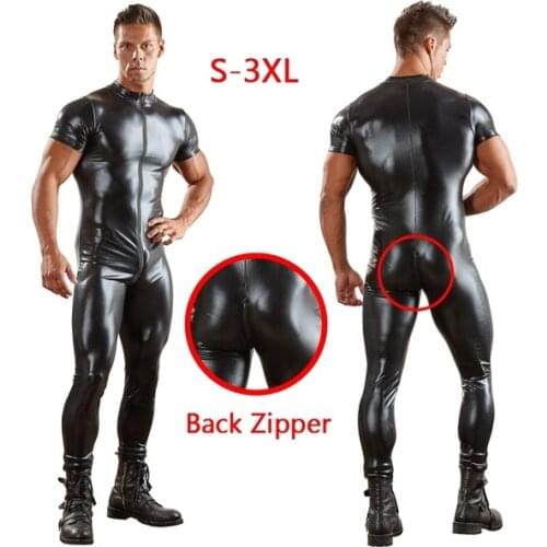 Latex Men Wet look Catsuit Faux Leather Mesh Jumpsuits Black Tight PVC Bodysuit Sexy Clubwear Men Lace Lingerie Fetish Body Suit