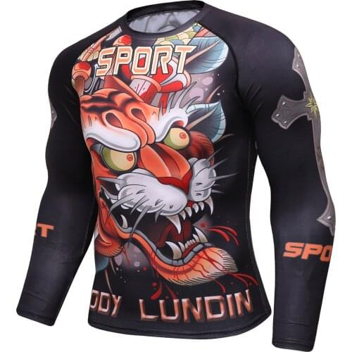 Long Sleeve Quick Dry Rash O-neck Sport Shirt Mens UV Protection Surfing Rash Guard Digital Print Tight