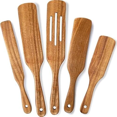 Wood Spurtles Kitchen Tools Set, 5PCS Natural Teak Cooking Utensils, Wooden Slotted Spatula for Mixing, Serving & Steak Frying