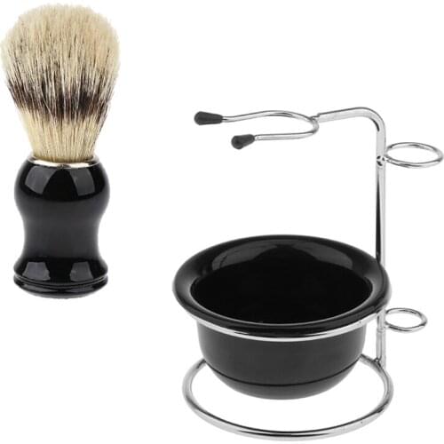 Set of 3pcs - Men Wood Shaving Brush + Metal Shave Stand Holder + Bowl Kit