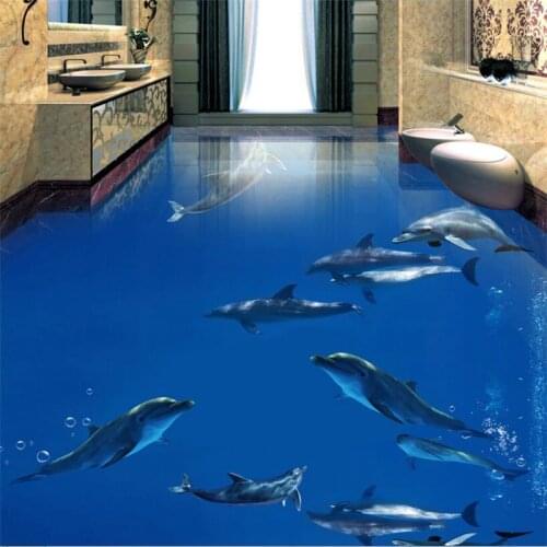 Beibehang Custom Photo Floor Painting Wall Stickers Dolphin Dance Underwater World 3D 3D Bathroom Living Room Floor Painting