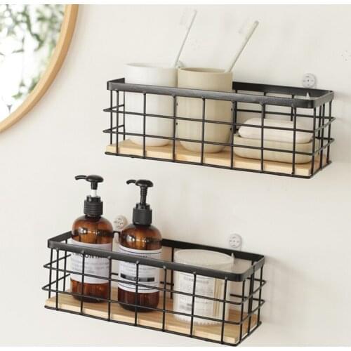 Wall-Mounted Storage Baskets Removable Wooden Base Storage Shelves Iron Organizer Container Home Kitchen Supplies