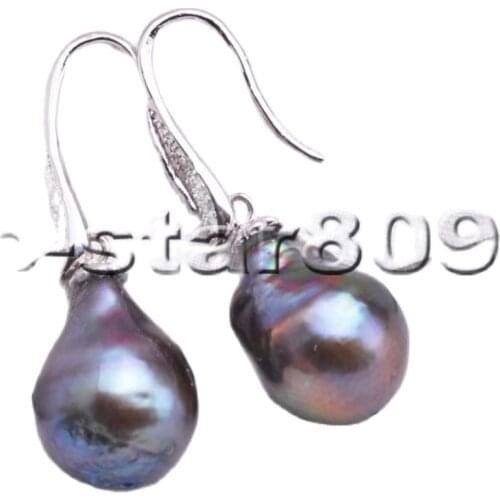 P5896 18mm Black Baroque Keshi Reborn Pearl Inlay-Crystal Dangle Earring Women Fine Jewelry