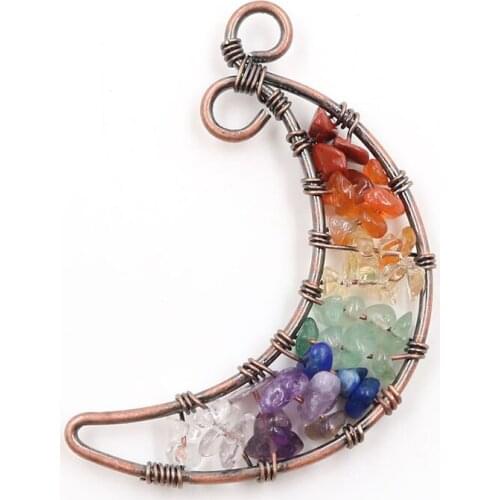 Rainbow Stone Crescent Moon Copper Plated Wire Wrap Pendant Carnelian Vintage Style Jewelry