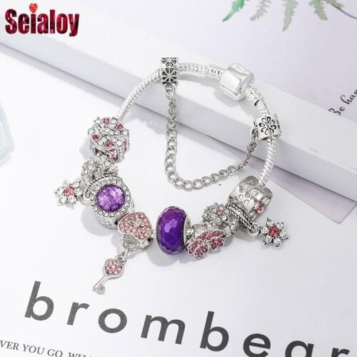 Seialoy Purple Crystal Heart Key Charm Bracelets For Women Original Shiny Flower Pendant Beaded Bangle Party Jewelry Gift