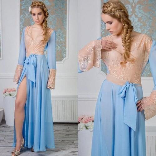 Chiffon Bridal Robe Women Sleepwear Honeymoon Lingerie Lace Robe Long Sleeve Bathrobe Nightwear Babydoll Dress Boudoir