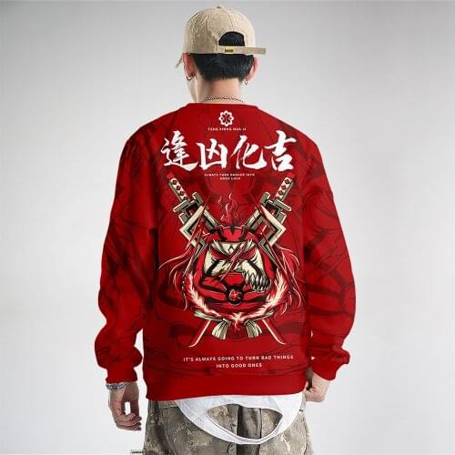 New Casual Red Print Hip Hop Street Wear Sweatshirts Long Sleeve Men Pullover Oversize