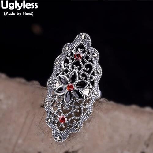 Uglyless Vogue Girls Exaggerated Wide Rings for Women Hollow Garnet Flowers Open Rings 925 Thai Silver Vintage Fine Jewelry R946