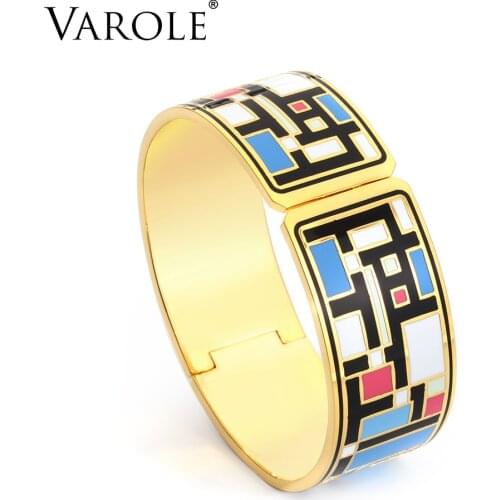 VAROLE New Fashion Can Open Bangle For Women Gold Geometric Colorful Enamel Pattern Cuff Bangles Wedding Jewelry