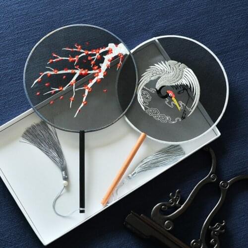 Vintage Double sided Embroidery Round Silk Hand Fan with Handle Chinese Traditional Craft Women Costume Dance Show Props Gift