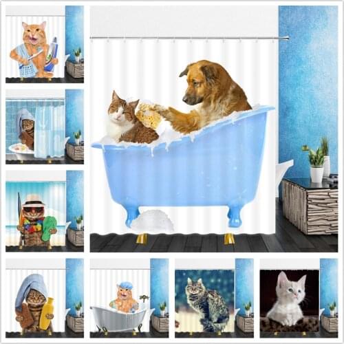 Funny Animal Shower Curtains Decoration Cute Pet Cat Home Bathroom Decor Polyester Bath Cloth Hanging Curtain Set With Hooks