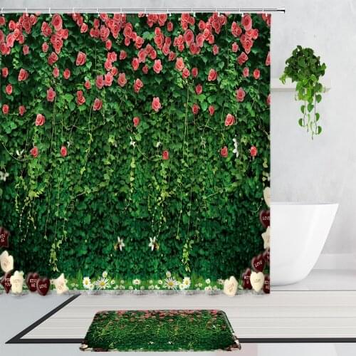 Flowers Plants Shower Curtains Green Leaf Vine Decoration Background Wall Cloth Bathroom Decor Bath Curtain Non-Slip Carpet Mats