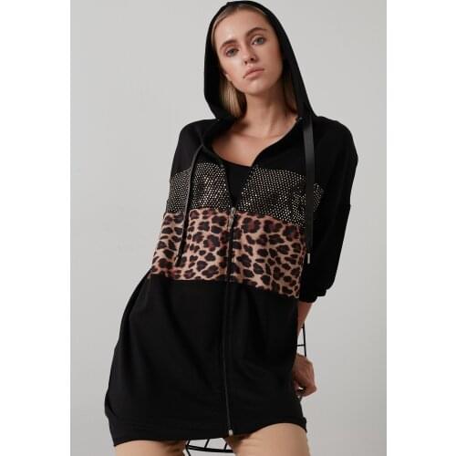 Womens Black Leopard And Stone Detail Zipper Closure Hooded Sweatshirt 5819301