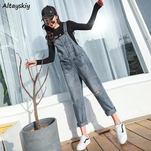 Jumpsuits Women Denim Hole Trendy All-match Chic Ulzzang Students Cool Pencil Casual Fashion Slim Streetwear Stylish Comfortable