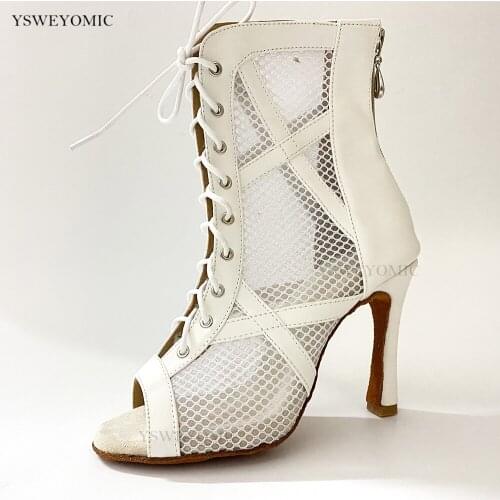 White Leather Dance Booties Soft Comfortable Insole Customized Heels Bachata Latin Salsa Dance Shoes Women For Dance Performance