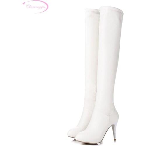 Chainingyee simple autumn round toe over knee high boots fashion fold zipper black white high-heeled womens riding boots