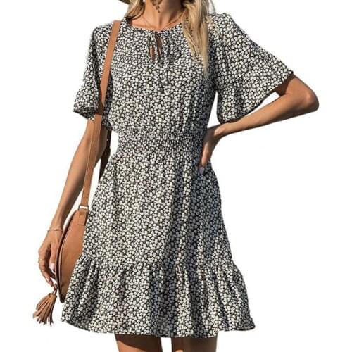 Women Dresses Floral Print Short Sleeve Tie O-neck Elastic High Waist Ruffle Sundress Casual Cotton Linen Bandage Dress Vestidos