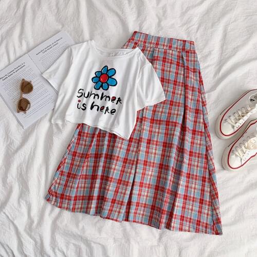 Spring and Autumn Korean Version 2021 White Print Short T-shirt + A-line High Waist Mid-length Plaid Skirt Womens Suit