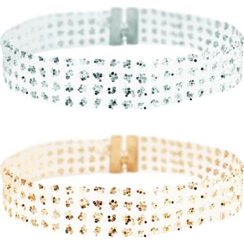 Silver Gold Color Bling Bling Shiny Glimmer Sequins Flower Lace Choker Necklace for Women Lady Femme Girls Wedding Party