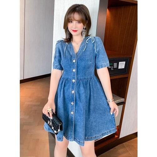 High quality Diamond bow V-neck Bubble sleeve single breasted dress for women 2021 summer new