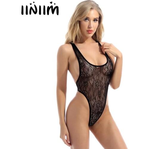 Iiniim Women Femme Sissy Teddies See-through Lace Sleeveless Bodysuit Solid Color Round Neck One-piece Leotard Nightwear