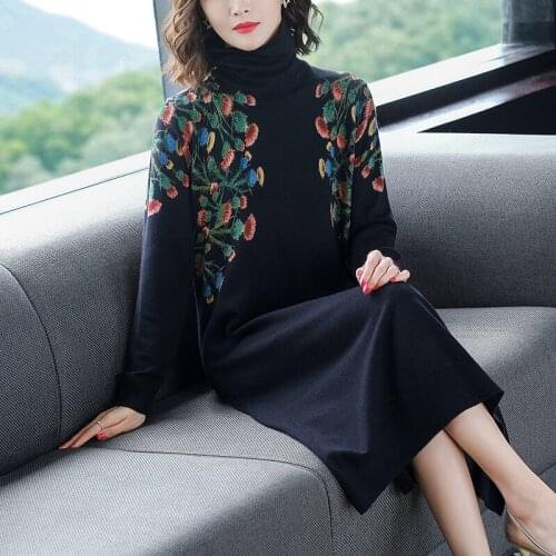 2020 Winter Fall Womens Turtleneck Knit Flower Pattern Black Woolen Sweater Dress , 4xl 5xl Wool Dresses for Woman Clothing