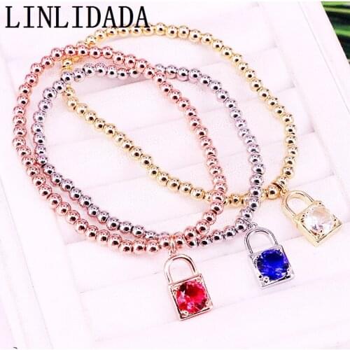 10Pcs Micro Pave CZ Lock Charm With Copper Beaded Bracelets Charm For Women Girl Jewelry Gifts