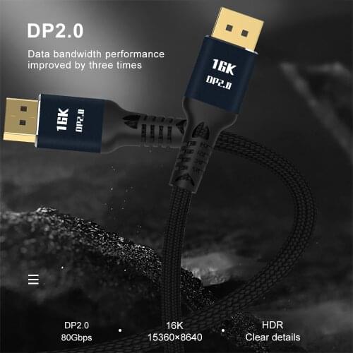 16K Displayport DP 2.0 to Displayport HD Video Cable 16K 60Hz 4K 165Hz 80Gbps HDR 3D High Speed DP2.0 Cable for PC Laptop