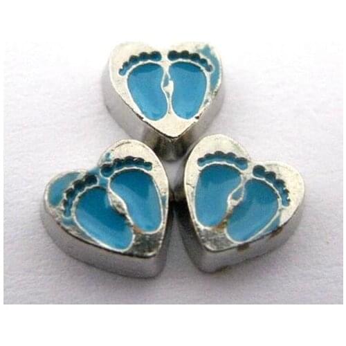20 , 50)PCS/lot blue foot print heart Floating Locket Charms Fit For DIY Memory Magnetic Locket Jewelrys Making