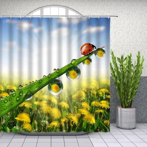 Ladybug Shower Curtains Spring Yellow Flower Plant Water Droplets Scenery Bathroom Decor Bath Waterproof Polyester Curtain Set