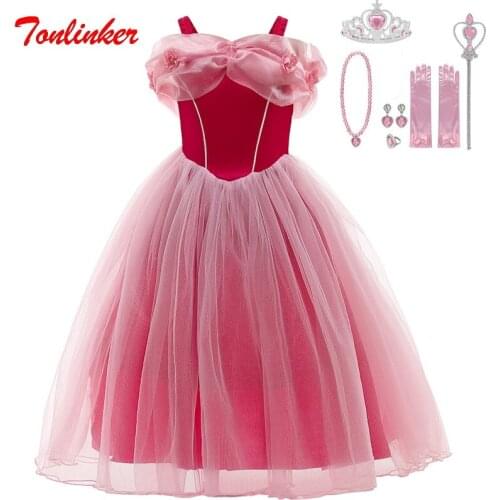 Girls Christmas Pink Net Yarn Flowers Princess Costume Dress Kids Birthday Carnival Party Dresses Child Fancy Clothing2-10Y