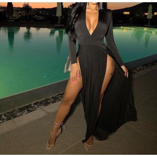 Elegant women sexy deep v neck long sleeve split floor-length dress Female fit and flare night club green maxi dress