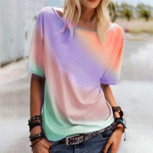 Rainbow Print Tie Dye Twill T-shirt Women Clothes Summer Casual Loose O Neck Tops Streetwear Ladies Tee Shirt Femme