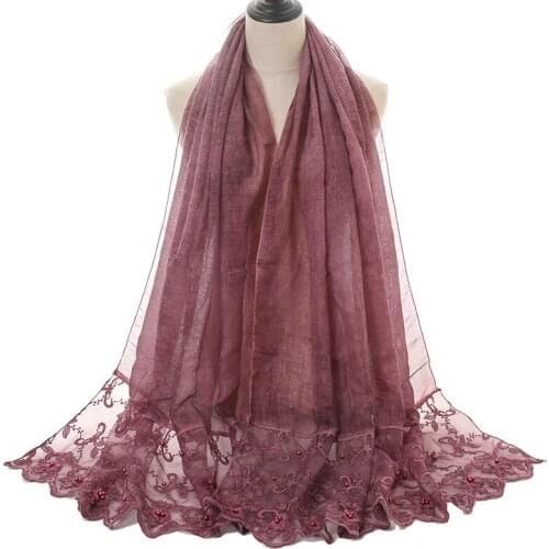 Embroidered Floral Cotton Scarf Plain Lace Women Muslim Hijab Solid Color Pearl 2020 Fashion Foulard Femme Girls Pashmina Sjaal