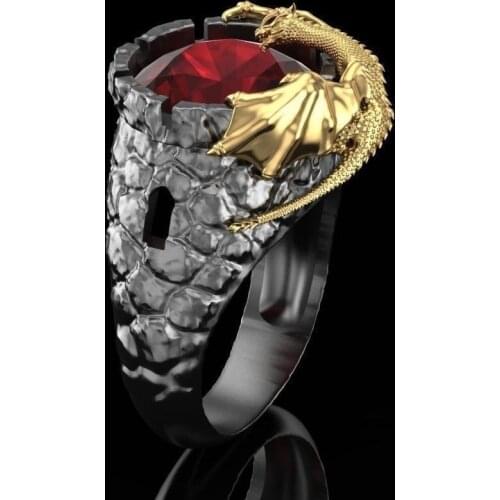 Punk Black Gold Natural Gemstone Ruby Ring Gold Dragon Ring Men Party Fine Jewelry