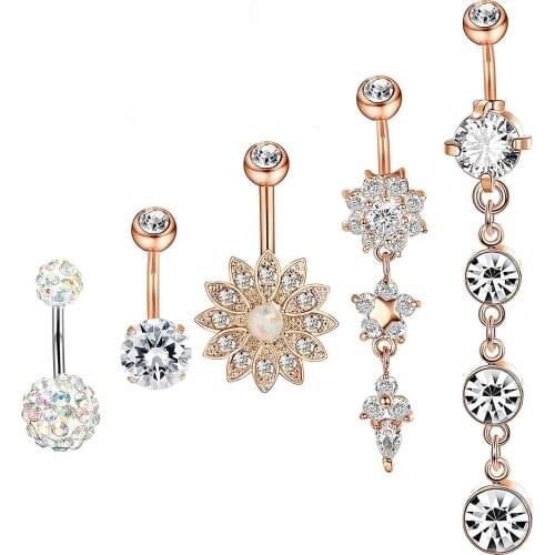 5-piece set of stainless steel zircon inlaid diamond belly button ring, soft clay ball and opal zircon combination set