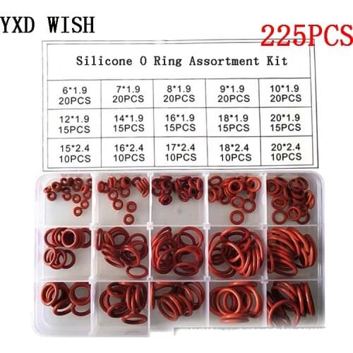 225pcs/Box Silicone O Rings Rubber Assortment Kit Red Silicone O Ring Seal Sealing O-rings Silicon Washer Rubber oring Set Ring