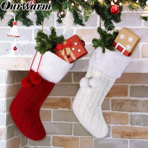 OurWarm Knitted Christmas Stocking with Plush Ball Party Gift Bag New Year Socks Xmas Tree Hanging Ornaments Home Decoration