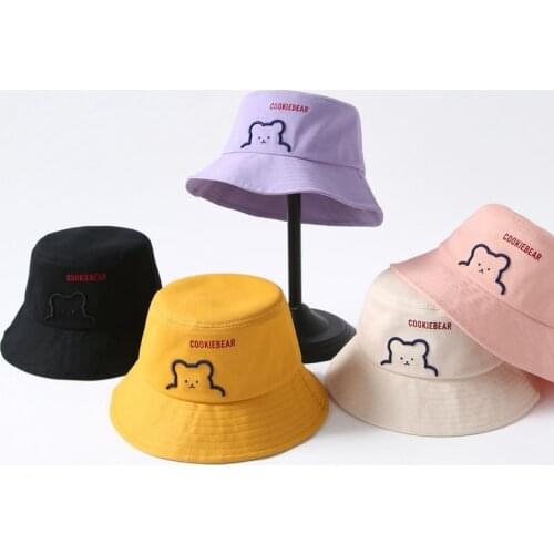 2021 New Bucket Hat Women Cute Bear Embroidery Double Side Cotton Reversible Sun Protection Cap Mens Panama Hat Fisherman Hats