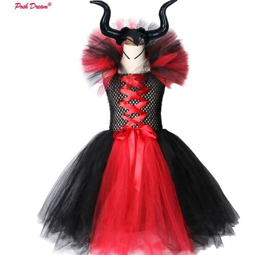 Witch Queen Girls Tutu Dress with Horns Halloween Cosplay Witch Costume for Girls Kids Party Dress Children Clothing