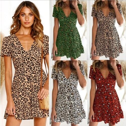 Women Leopard Fashion Dresses New Fashion Female Ladies Deep V-Neck Dress Summer Casual Costumes Lady Ruffles Trend Clothings