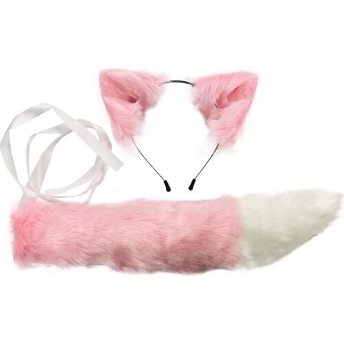 JUNBOON Handmade Fox Wolf Ears Headband and Faux Fur Tail for Halloween Cosplay Party Costume Accessories